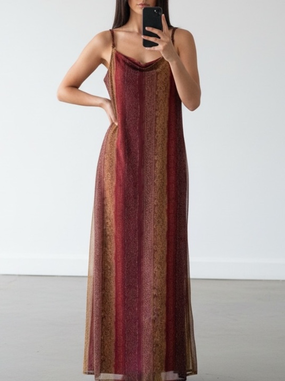 Vintage Y2K Boho Maxi Slip Dress Burgundy Gold Damask Scroll Stripe Mesh Size M - Picture 12 of 12